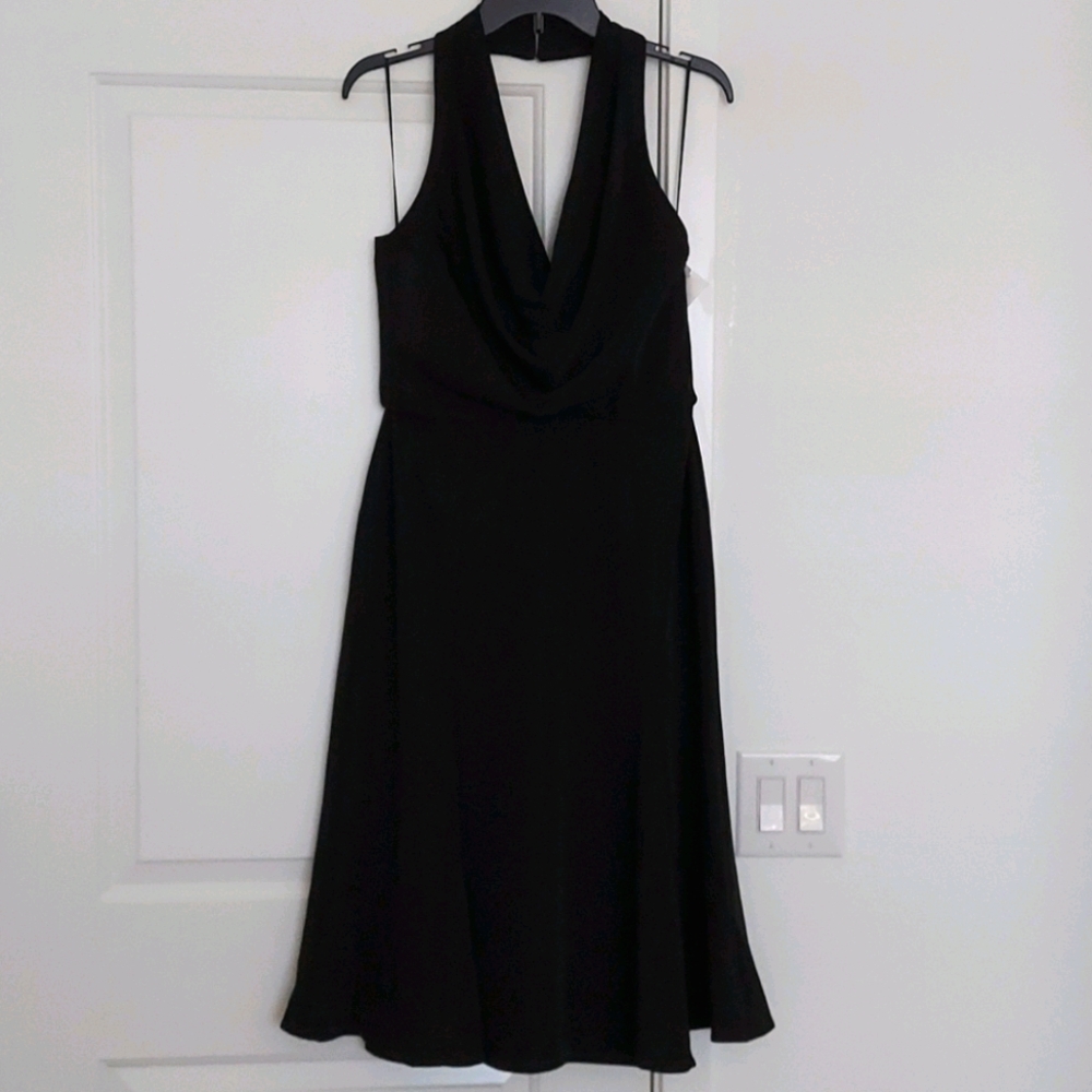 Halter neck open back flared black midi dress